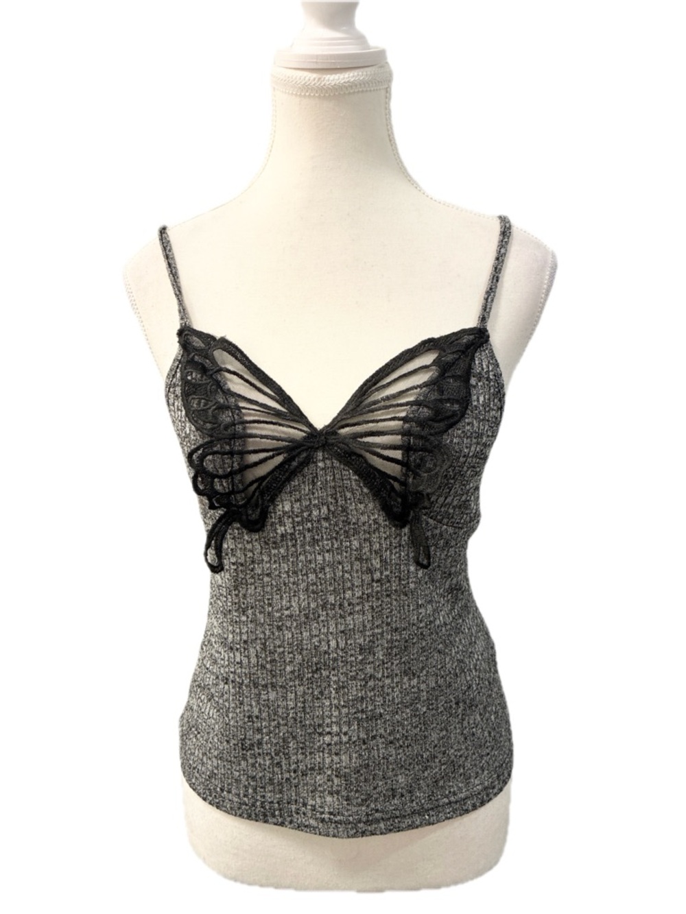 Grey Goth Tank Top Embellished Butterfly with Mesh Wings Size Large